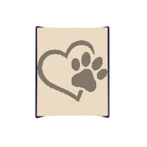 Peut inclure: Un livre ouvert de couleur beige avec un motif de cœur et d'empreinte de patte gris foncé. La forme de cœur entoure l'empreinte de patte. Le livre a une bordure bleu foncé.