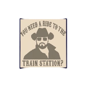 Op de afbeelding: Een beige achtergrond met een zwart-witte illustratie van een man met een hoed en zonnebril. De tekst "You need a ride to the train station?" is in zwarte letters geschreven.