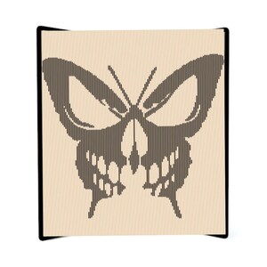 May include: A black and white butterfly silhouette with a striped pattern on a beige background.