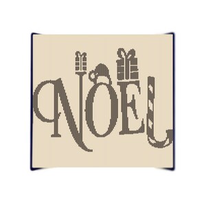 May include: A beige background with the word "NOEL" written in brown, stylized letters. The letters are made up of vertical lines and include a Santa hat, a gift box, and a candy cane.