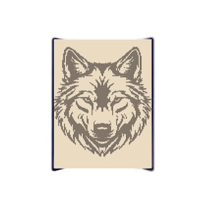 May include: A detailed illustration of a wolf's head, created with vertical lines, in shades of brown and black. The artwork is set against a beige background with a dark blue border, creating a striking contrast.