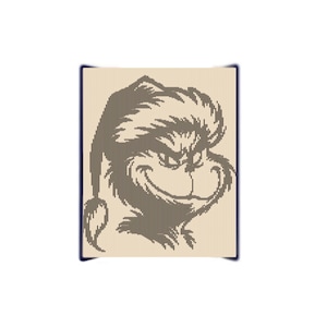 May include: A tan and black illustration of a character with a mischievous grin, featuring a Santa hat. The image is composed of vertical lines, creating a textured effect. The character's face and hat are the focal points.