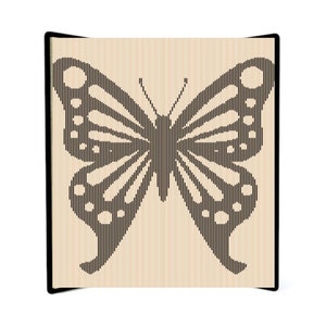 May include: A black butterfly silhouette with a striped pattern on a beige background. The butterfly is centered on the panel.