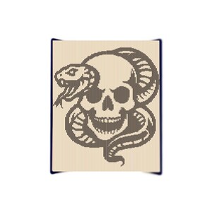 May include: A black and white illustration of a skull with a snake wrapped around it.