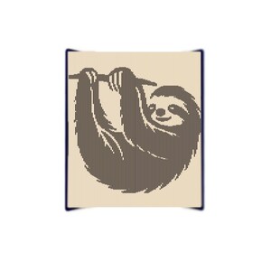 May include: A brown and beige illustration of a sloth hanging from a branch. The sloth is depicted with vertical lines, giving it a textured appearance. The image is set against a beige background with a dark blue border.