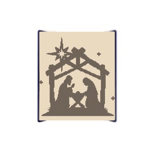 May include: A beige and brown image of the Nativity scene. The image depicts the silhouettes of Mary, Joseph, and baby Jesus in a manger, under a star and a wooden structure. The image has a dark blue border.