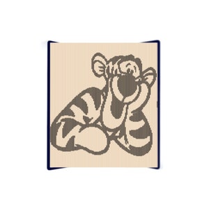 May include: A brown and black striped cartoon tiger with a wide open mouth, as if laughing or yawning. The tiger is sitting on a light brown background.