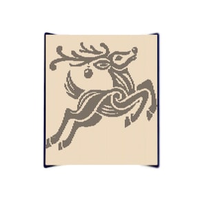 May include: A stylized illustration of a reindeer leaping, rendered in dark brown vertical lines on a beige background. The reindeer has antlers and a small ornament. The image is framed with a dark blue border, evoking a festive holiday theme.