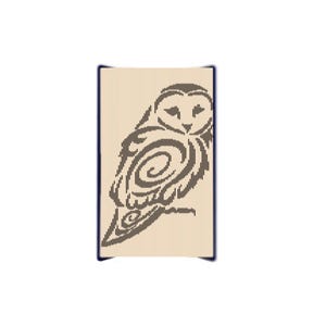 May include: A decorative wooden panel featuring a stylized owl design. The owl is depicted in dark brown lines against a light beige background. The panel has a dark blue border, creating a framed appearance.