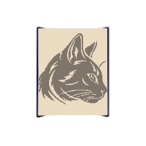 May include: A stylized illustration of a cat's head in profile, created with vertical lines. The cat is depicted in dark brown against a beige background, framed by a dark blue border. The artwork has a minimalist, graphic design aesthetic.