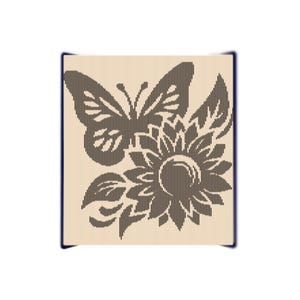 May include: A decorative wooden plaque featuring a detailed illustration of a butterfly and a sunflower. The design is rendered in dark brown lines against a light beige background, creating a striking contrast. The plaque has a dark blue border.