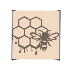 May include: A square wooden plaque featuring a dark brown laser-engraved design of a honeybee positioned next to a honeycomb pattern. The honeycomb section includes several dripping honey droplets at the bottom edge, set against a light tan wood grain.