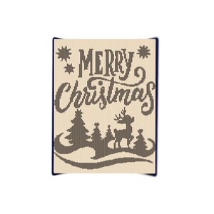 May include: A beige card with the text "Merry Christmas" in a stylized font. The card features a black silhouette of a deer and trees against a white background.