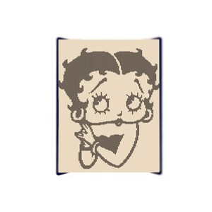 May include: A framed artwork featuring a black and tan image of Betty Boop. The artwork is a stylized portrait with vertical lines creating the image. The frame is a dark blue color.