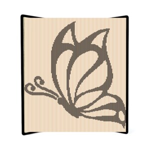 May include: A black butterfly silhouette is cut out of a light brown wooden panel. The butterfly is stylized with a series of parallel lines.