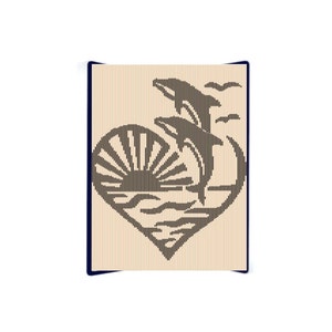 May include: A black and white illustration of a heart-shaped design with a sun rising over the ocean and two dolphins jumping out of the water.