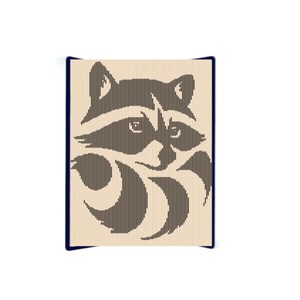May include: A black and white line art illustration of a raccoon's face on a beige background.