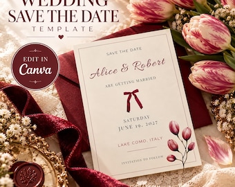 May include: A wedding save the date card template featuring the text Alice & Robert are getting married Saturday June 19, 2027 Lake Como, Italy. The card has a maroon ribbon graphic, a floral illustration, and is placed on a maroon envelope.
