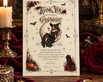 Modello per biglietto di ringraziamento di Halloween - Biglietto di ringraziamento con strega gotica, modello Canva modificabile, biglietto per festa di Halloween vintage, stampabile 5x7