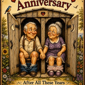 Pode incluir: Uma placa decorativa com um casal de idosos sentado numa latrina de madeira, de mãos dadas. O texto diz Happy Anniversary e After All These Years We Still Enjoy Doing Everything Together. A borda é decorada com flores e pássaros.