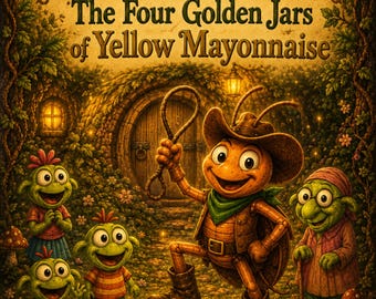 Op de afbeelding: Een boekomslag met de titel The Amazing Adventures of Risky Roach... The Four Golden Jars of Yellow Mayonnaise. Het toont een kakkerlak in een cowboyhoed en laarzen die een lasso vasthoudt, omringd door vier kleine groene wezens en vier gloeiende potten.