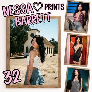 May include: Wooden framed prints featuring Nessa Barrett. The main print shows a woman in front of a church. Additional prints showcase the woman in various outfits. The number "32" is displayed in the lower left corner, and the words "Nessa Prints" are at the top.