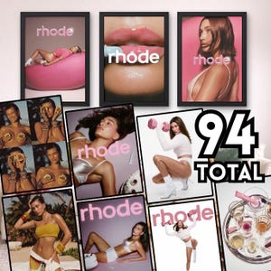 Op de afbeelding: Een verzameling van negen afbeeldingen, waaronder drie ingelijste posters en zes kleinere prints. De posters tonen het woord "rhode" in een roze lettertype. De kleinere prints tonen modellen in verschillende poses. Het nummer "94 TOTAL" wordt weergegeven.