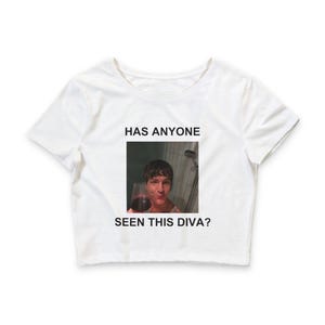 May include: A white short-sleeved crop top featuring a centered rectangular graphic print of a person holding a glass of red wine in a shower. The text above the image reads HAS ANYONE and the text below the image reads SEEN THIS DIVA in black.