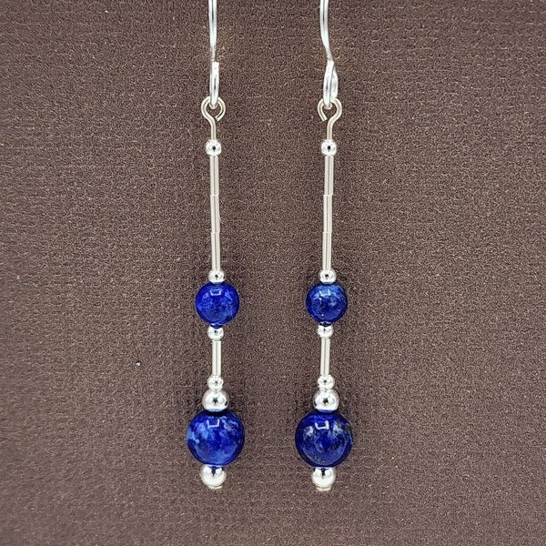 Sterling Silver Long Lapis Lazuli Earrings, Minimalist Earrings, Elegant Long Dangle Earrings