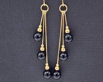 Gold-Filled Black Onyx Dangle Earrings, Asymmetrical Gemstone Jewelry