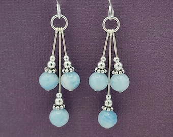 Sterling Silver Aquamarine Dangle Earrings, Beaded Gemstone Jewelry, March Birthstone
