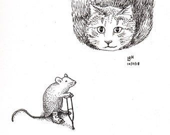 May include: A black and white line drawing of a cat upside down with a mouse standing on its hind legs holding a stick. The cat's face is visible and the mouse is looking up at the cat. The drawing is signed "LRH 10/11/18".