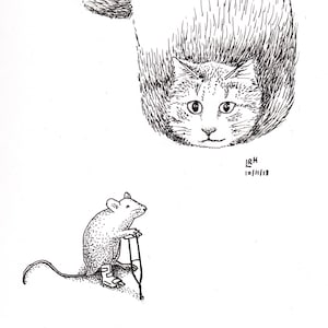 Original - Cruel, Cat and Mouse, Original Pen and Ink Drawing