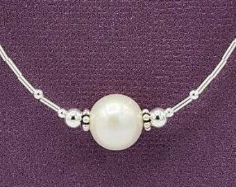 Sterling Silver Pearl Necklace, Pearl Choker, Delicate Gemstone Necklace, June Birthstone