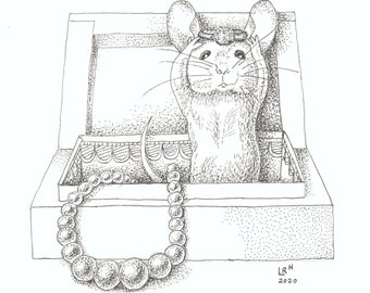 Original Pen and Ink Drawing of Mouse in Jewelry Box, Mouse Wearing Ring as Crown Drawing