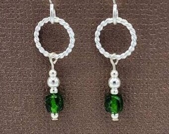 Sterling Silver Chrome Diopside Earrings, Small Hoop Dangle Earrings, Lightweight Chrome Diopside Jewelry