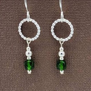 Sterling Silver Chrome Diopside Earrings, Small Hoop Dangle Earrings, Lightweight Chrome Diopside Jewelry