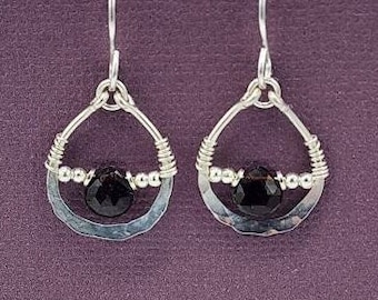 Sterling Silver Garnet Dangle Earrings, Handmade Garnet Teardrop Earrings, Hammered Silver Earrings