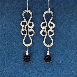 Sterling Silver Black Onyx Earrings, Hammered Sterling Silver Dangle Earrings
