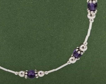 Sterling Silver Amethyst Beaded Necklace, February Birthstone