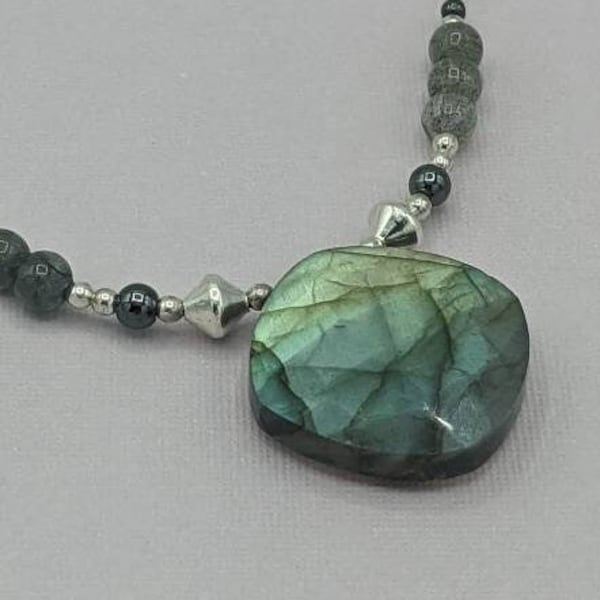 Sterling Silver Labradorite and Hematite Necklace, Labradorite Choker Necklace, Gemstone Beaded Necklace