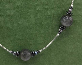 Sterling Silver Labradorite Hematite Pearl Necklace, Labradorite Choker Necklace, Gemstone Beaded Necklace