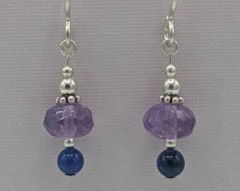 Sterling Silver Amethyst and Lapis Lazuli Earrings, Small Handmade Dangle Earrings, Lightweight Gemstone Earrings