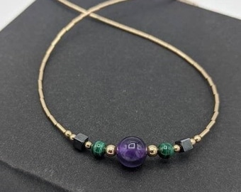 Gargantilla de amatista y malaquita bañada en oro, collar de cuentas con piedras preciosas