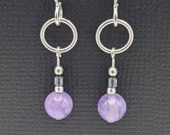 Small Sterling Silver Light Amethyst Earrings, Handmade Gemstone Dangle Earrings, Amethyst and Hematite Earrings