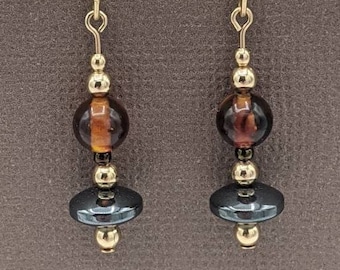 Gold-filled Amber and Hematite Gold-filled Earrings, Amber Dangle Earrings, Hematite Dangle Earrings