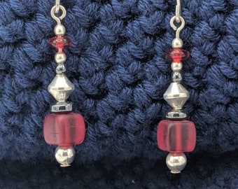 Sterling Silver Red Glass Earrings, Red Glass and Hematite Dangle Earrings