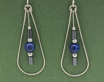 Sterling Silver Lapis Lazuli and Hematite Earrings, Handmade Teardrop Dangle Earrings, Long Lightweight Earrings