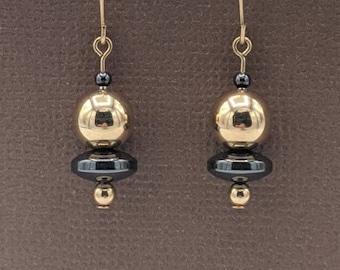 Gold-Filled Hematite Dangle Earrings, Minimalist Style