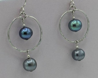 Sterling Silver Iridescent Pearl Earrings,  Hammered Sterling Dangle Earrings, Handmade Hoop Earrings